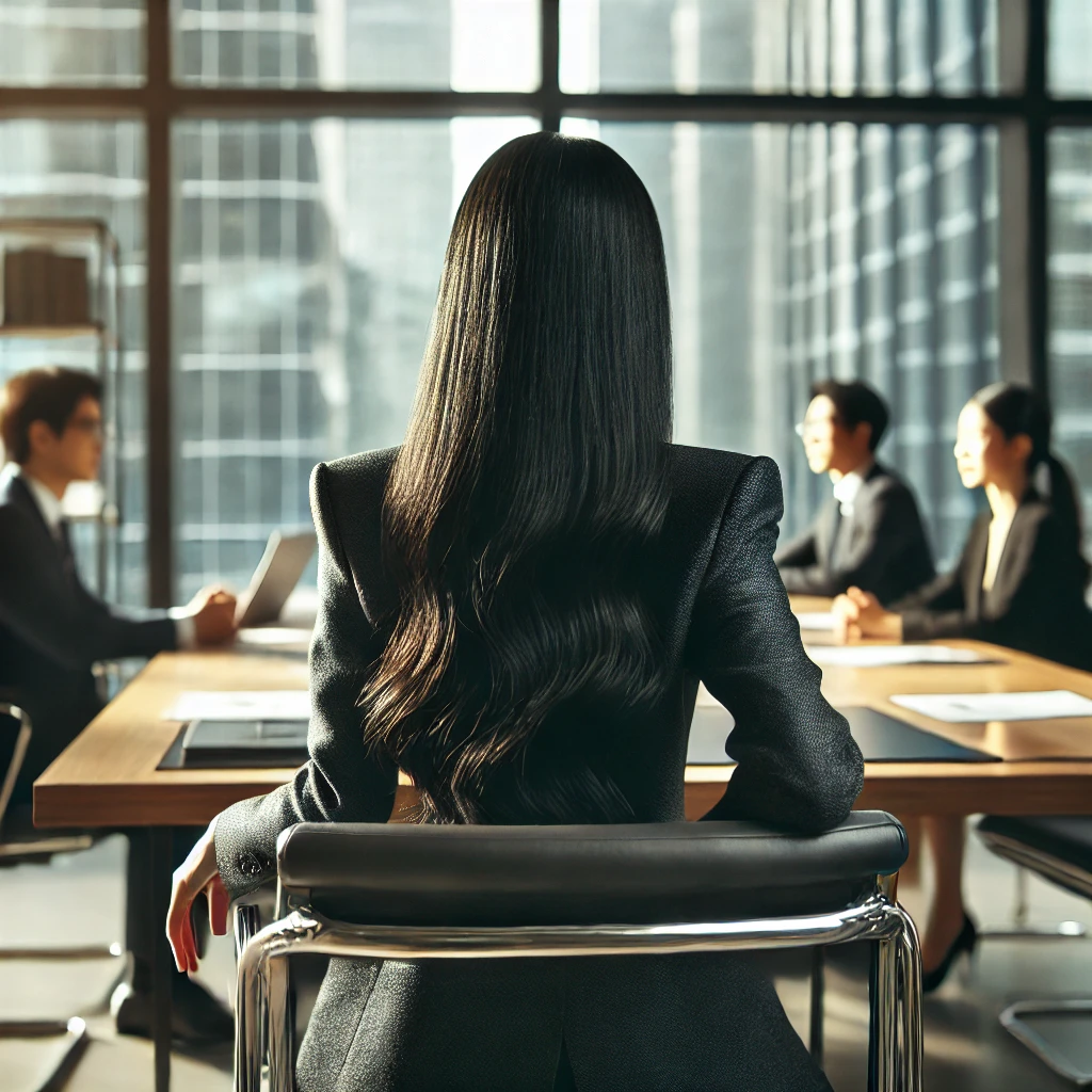 DALL·E 2024 11 07 01.44.32 A Korean woman seen from behind sitting in a modern well lit meeting room. She is wearing professional attire such as a tailored blazer with long